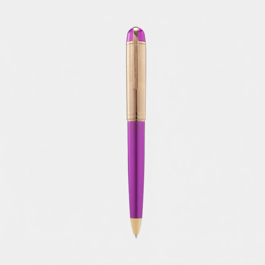 Purple pen with gold accents on a white background