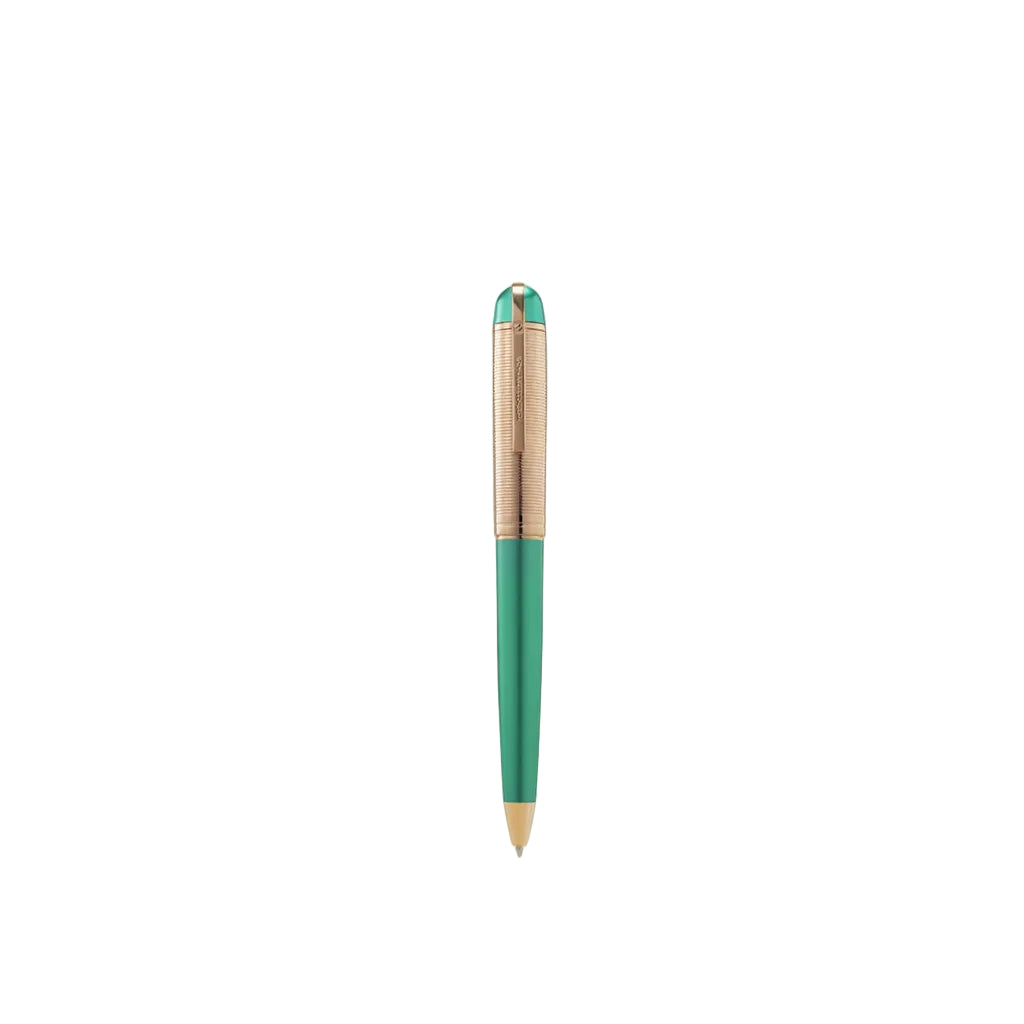 Green pen with gold accents on a white background