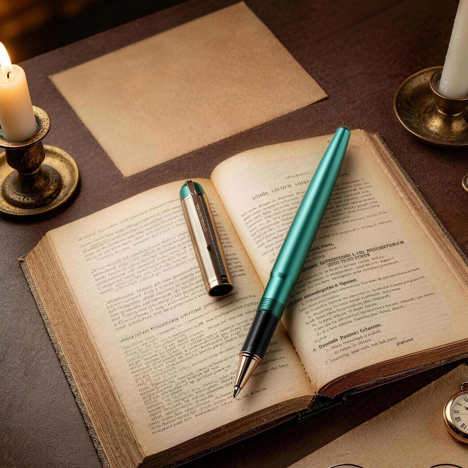 Open book with a teal pen, glasses, and a candle on a wooden surface