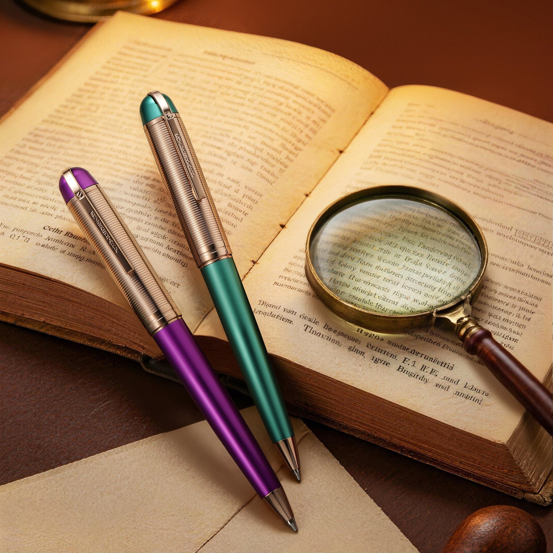 Two pens and a magnifying glass on an open book with a candle in the background