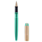 Green and gold fountain pen with cap on a white background