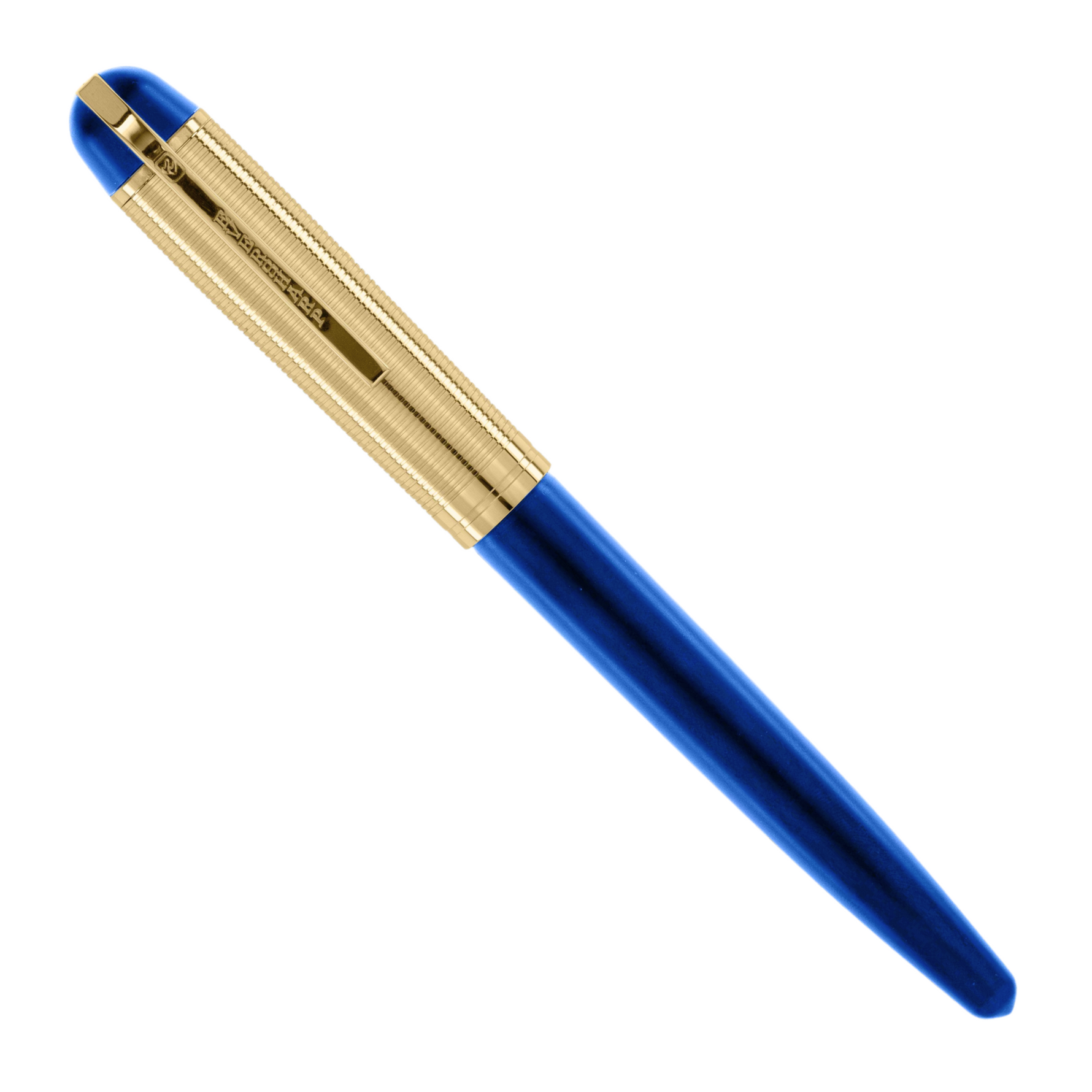 Blue pen with gold accents on a white background